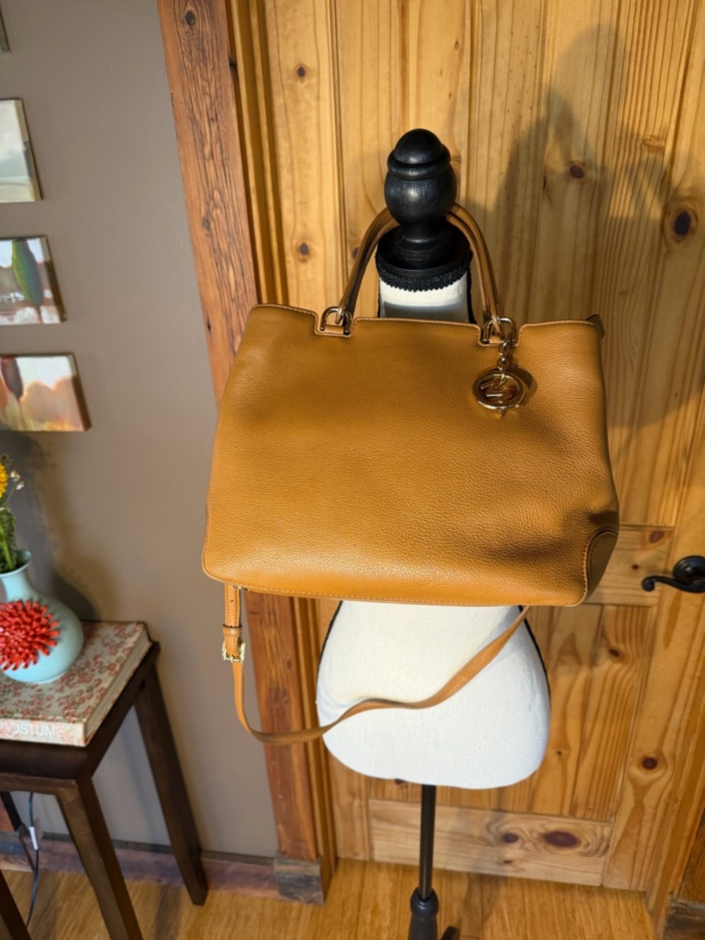 Michael Kors Annabelle Leather Satchel Handbag with Logo Charm - Camel